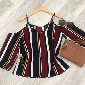 Women’s silk striped cut out shoulder top